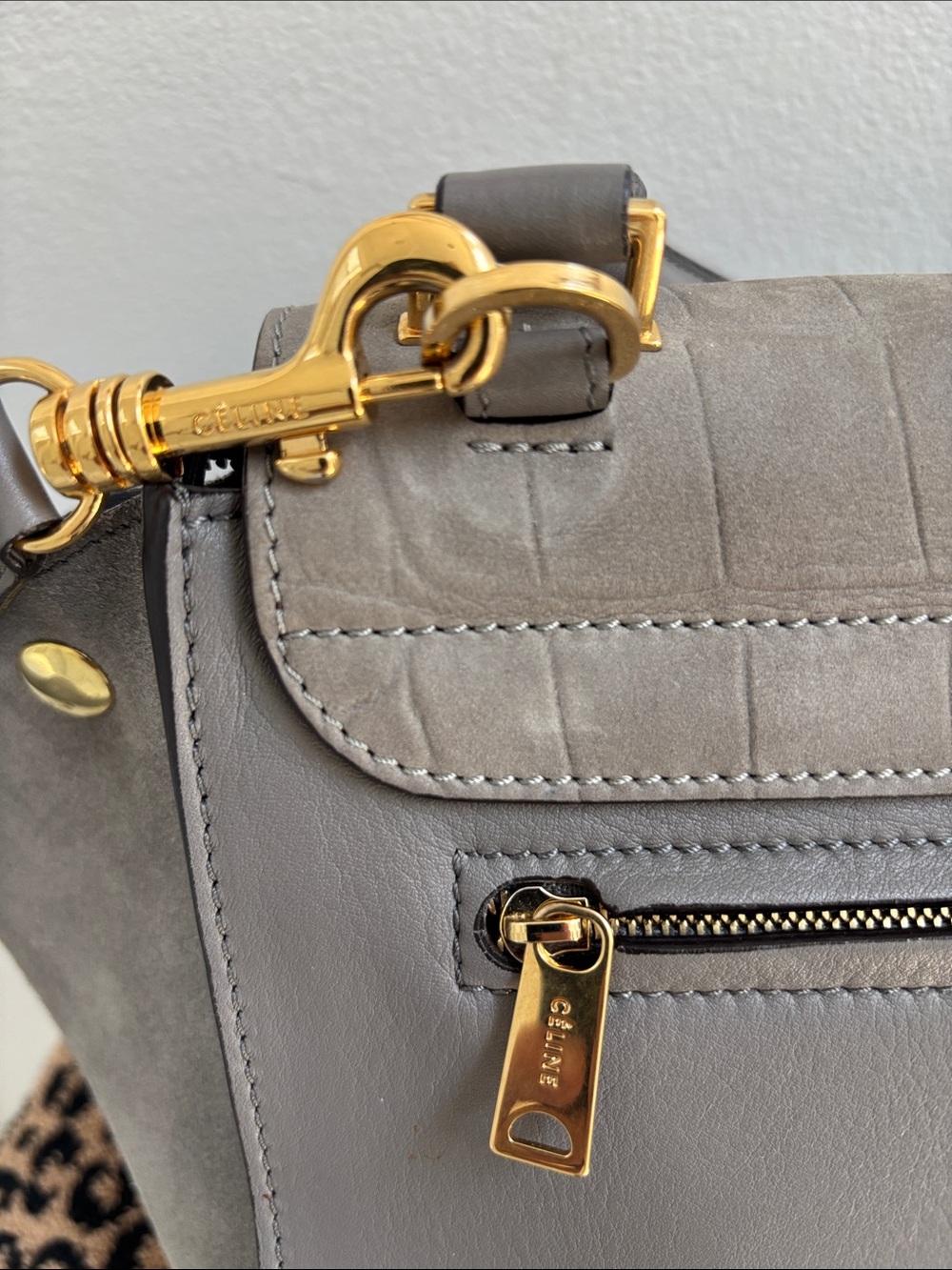Celine Gray Croc-Embossed Leather Satchel with Gold Hardware - Picture 12 of 14